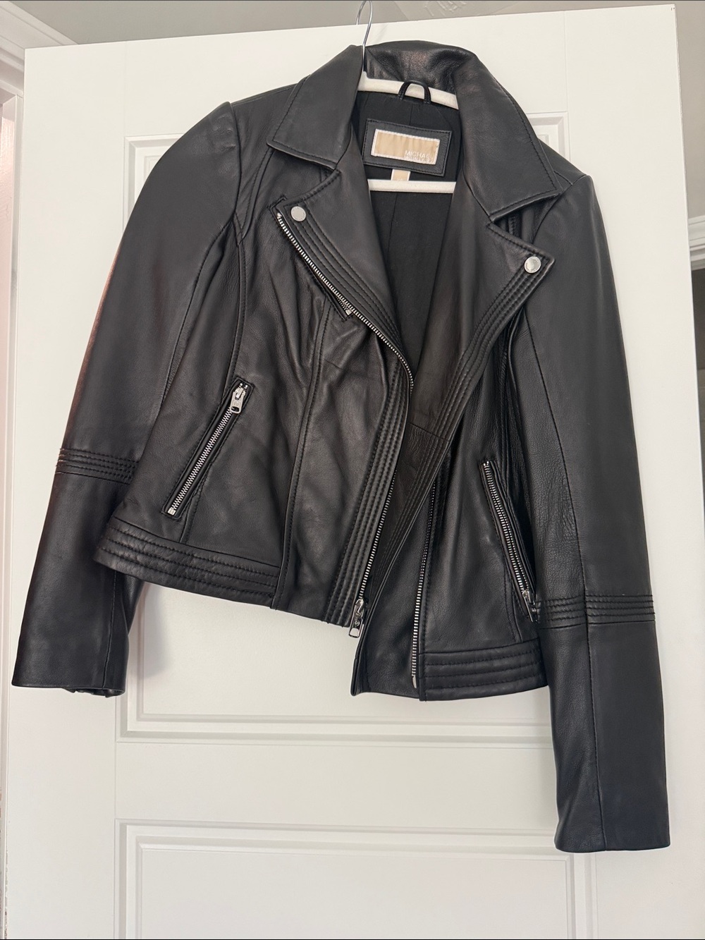MICHAEL Michael Kors Black Leather Moto Jacket with Zip Details